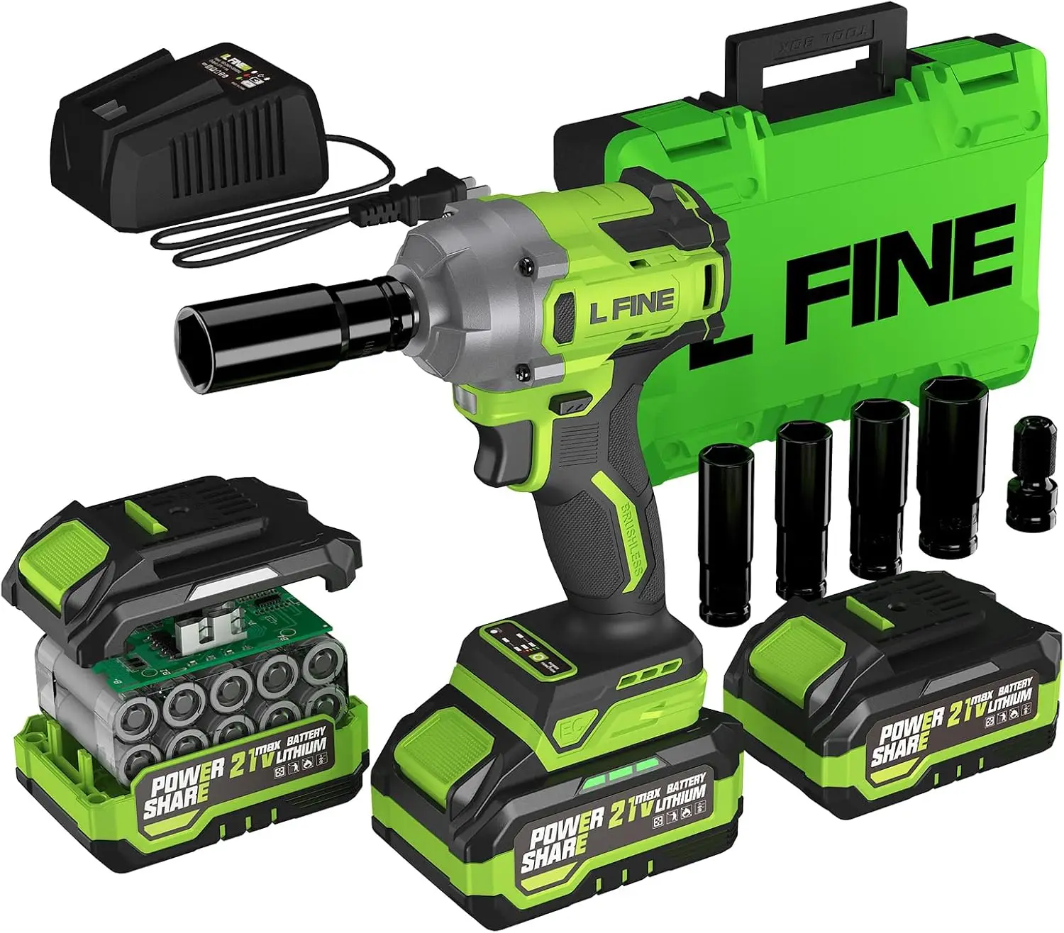 

1/2 Inch Cordless Impact Wrench Kit, 600Nm Torque, 3200RPM Brushless Motor with 2 Batteries and Sockets