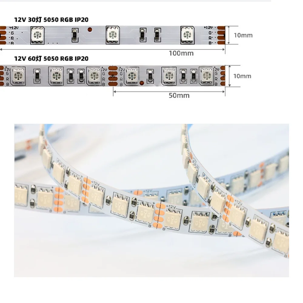 LED Strip 5050 DC 12V RGB Waterproof Flexible Neon Light Stripe 30LED/MLed 60LED/MLed PWM For Room Bedroom Decor TV Backlights