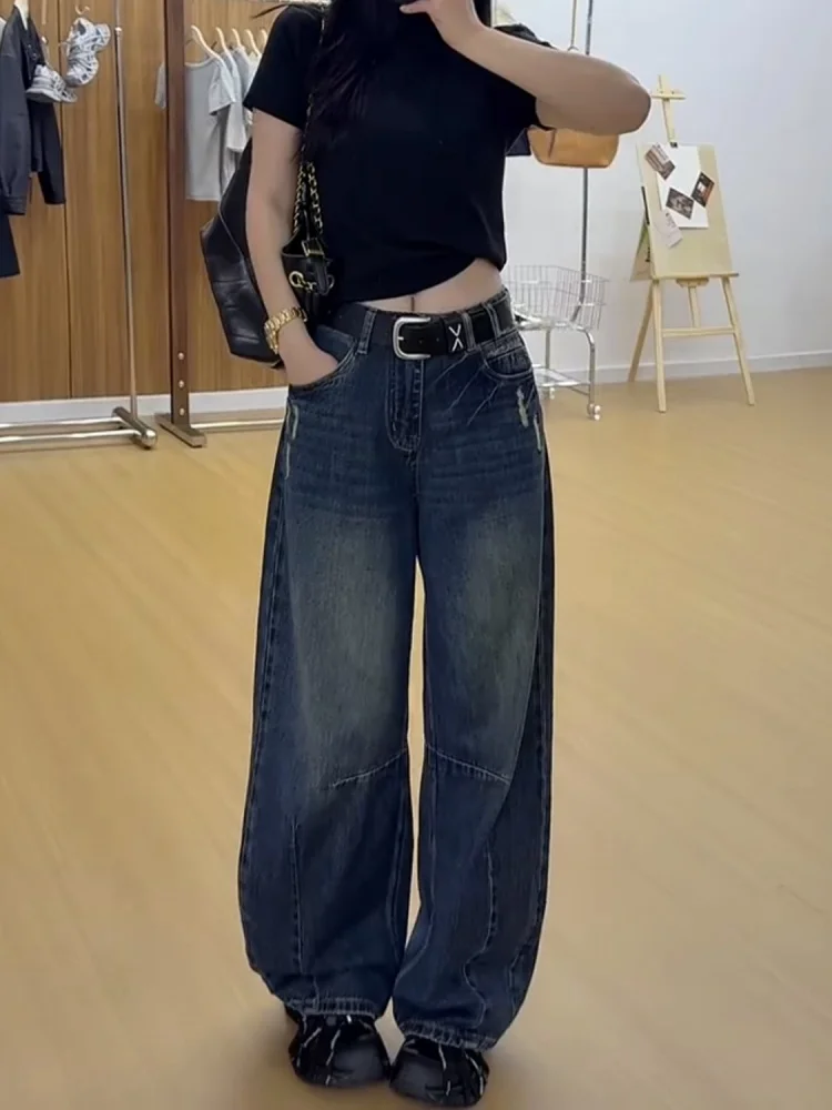 

Джинсы женские с высокой талией, свободного кроя, в американском стиле, из денима, осенне-зимние, больших размеров, для фигуры типа «груша», прямые, широкие штанины