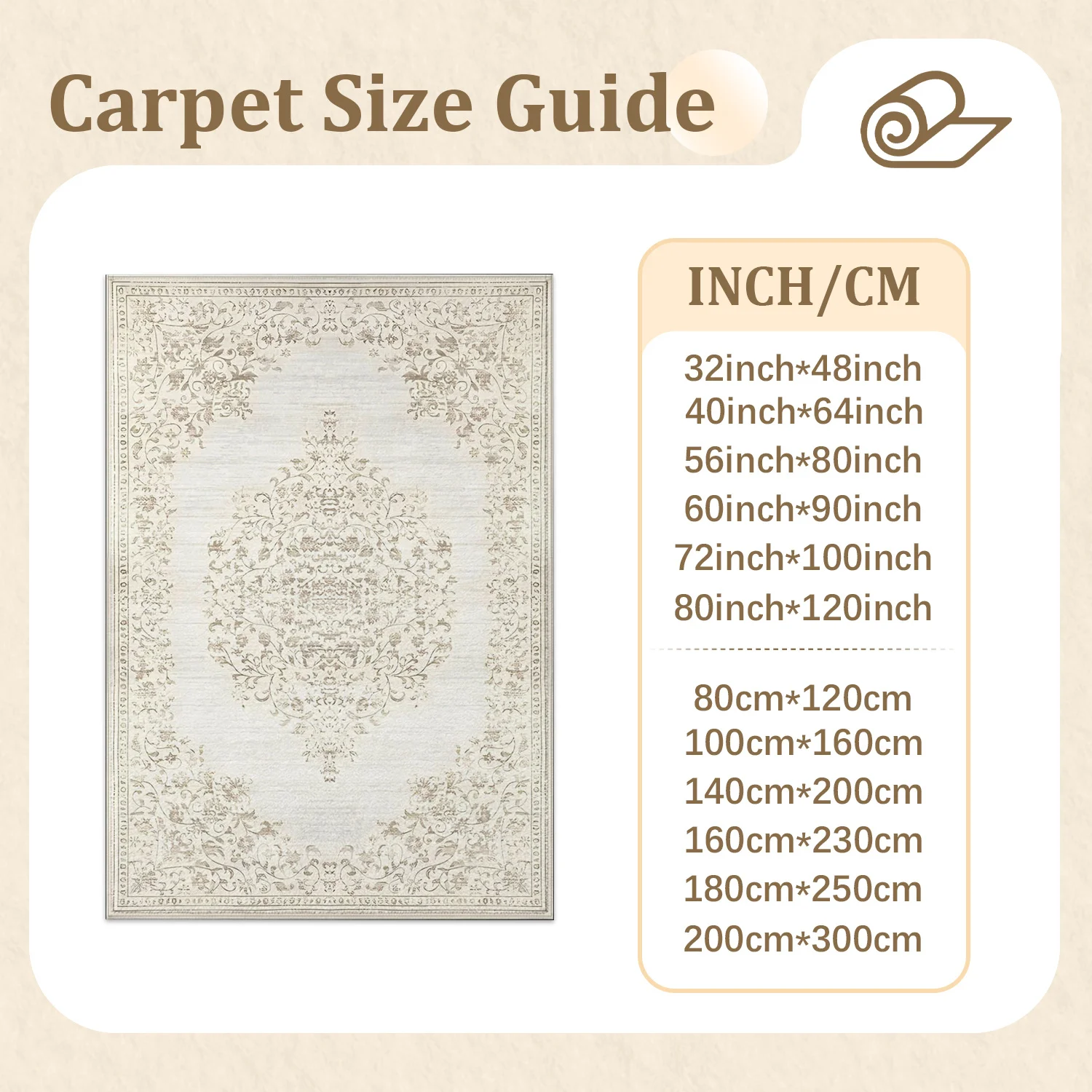 Large Indoor Area Rug, Soft Velvet Low Pile with Non-slip Dotted Backing, Machine Washable Vintage Floral Medallion Rug, Neutral Light Beige Area Rug for Living Room, Bedroom, Entryway