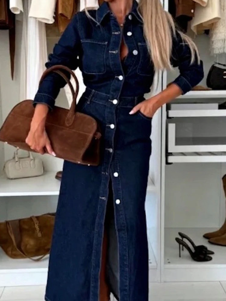 Herbst Neue Tasche frauen Kleid Mode Revers Langarm Einreiher Kleid Temperament Einfarbig Dünne Denim Shirts Kleid
