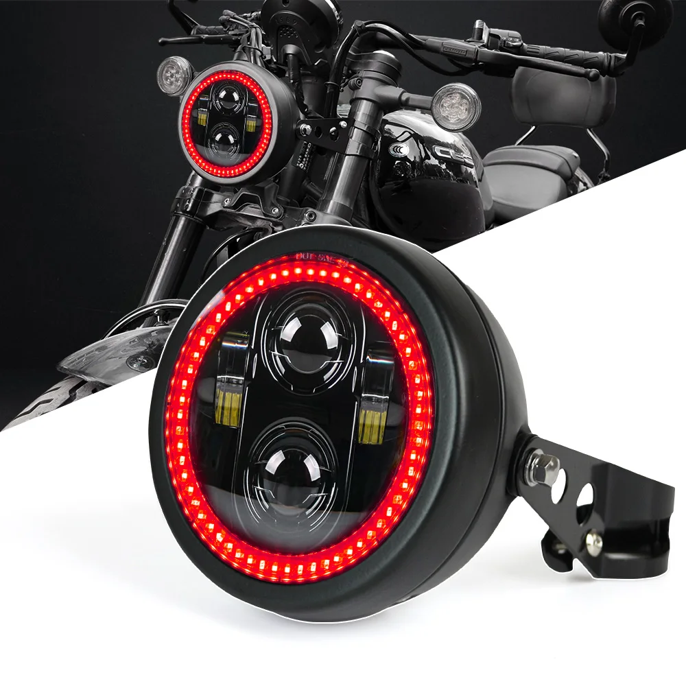 

5.75" Waterproof Motorcycle LED Headlight with Black Housing & Bottom Mount Bucket, Red Halo DRL, Universal Fit for Harley