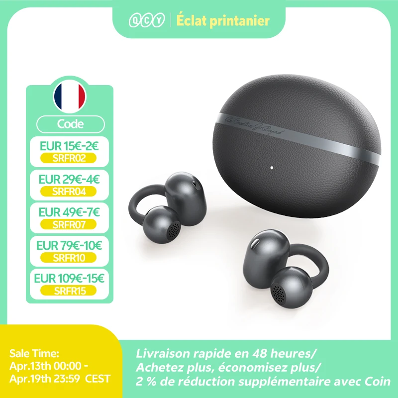 QCY Crossky C50 Écouteurs sans fil Bluetooth 6.0 à oreille ouverte, confortables, à clipser, 4 micros, appels clairs, amplification des basses, 35 heures d'autonomie pour le sport et la course à pied
