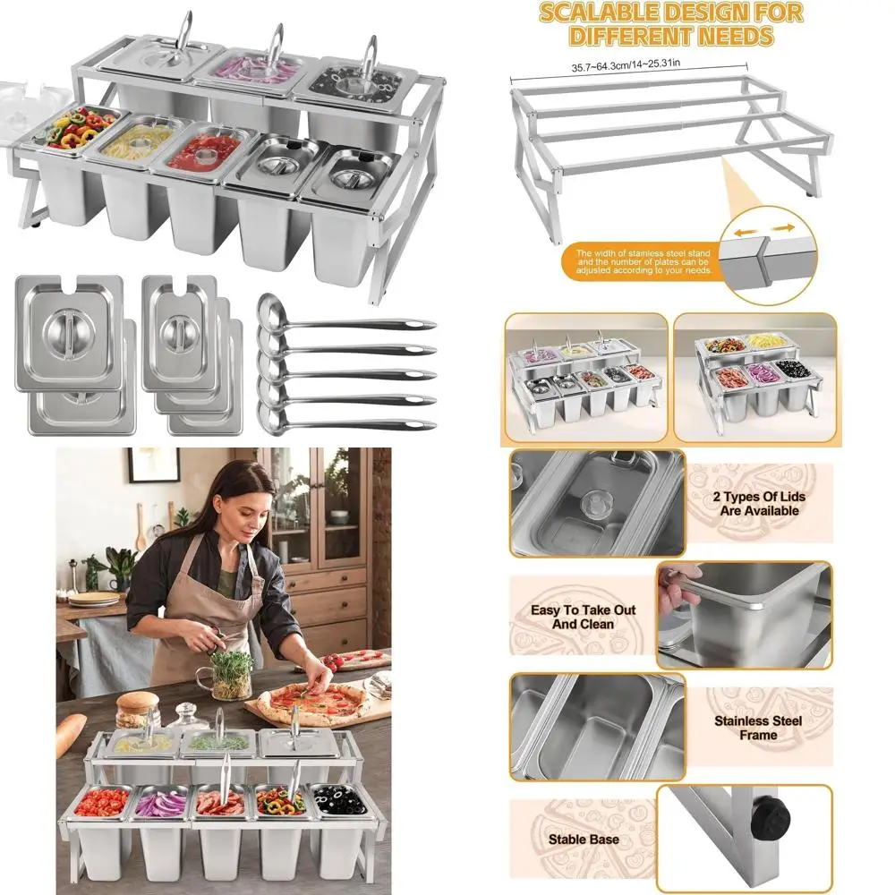

2-Row Adjustable Stainless Steel Pizza Topping Station with Lids and Spoons for Home Kitchen Buffet and Food Serving