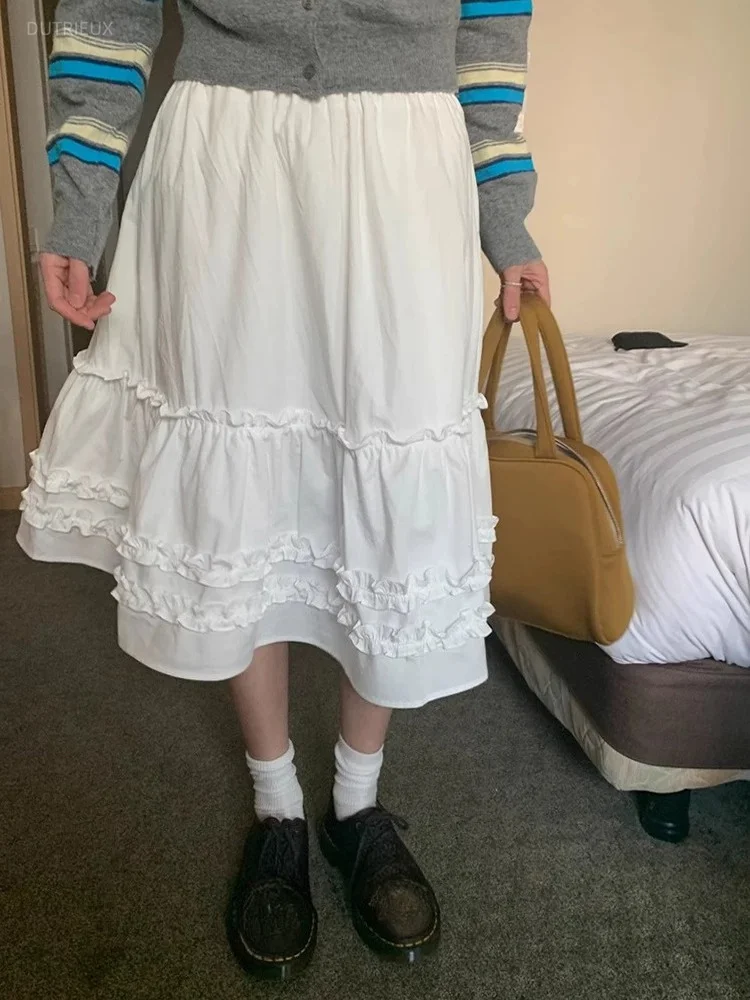 Sweet Ruffles Long Skirts Spring Summer Solid Elegant Vintage Women Skirt Korean Fashion Versatile High Waist Faldas Mujer