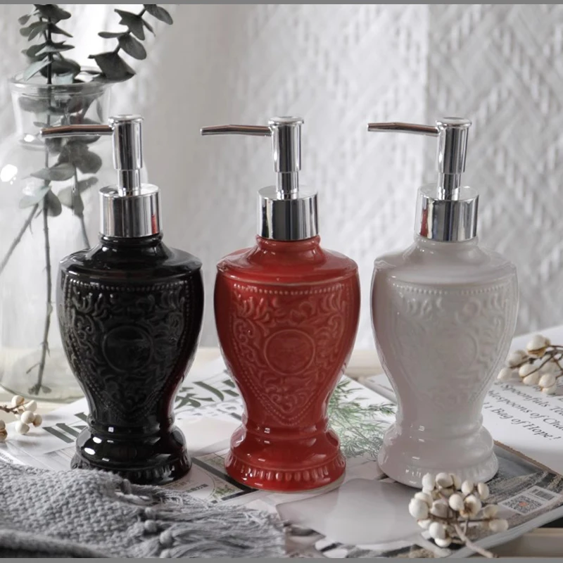 280ML Ceramic Hand Sanitizer Dispensing Bottle European Toilet Shower Gel Shampoo Lotion Storage Bottle Red Bathroom Accessories