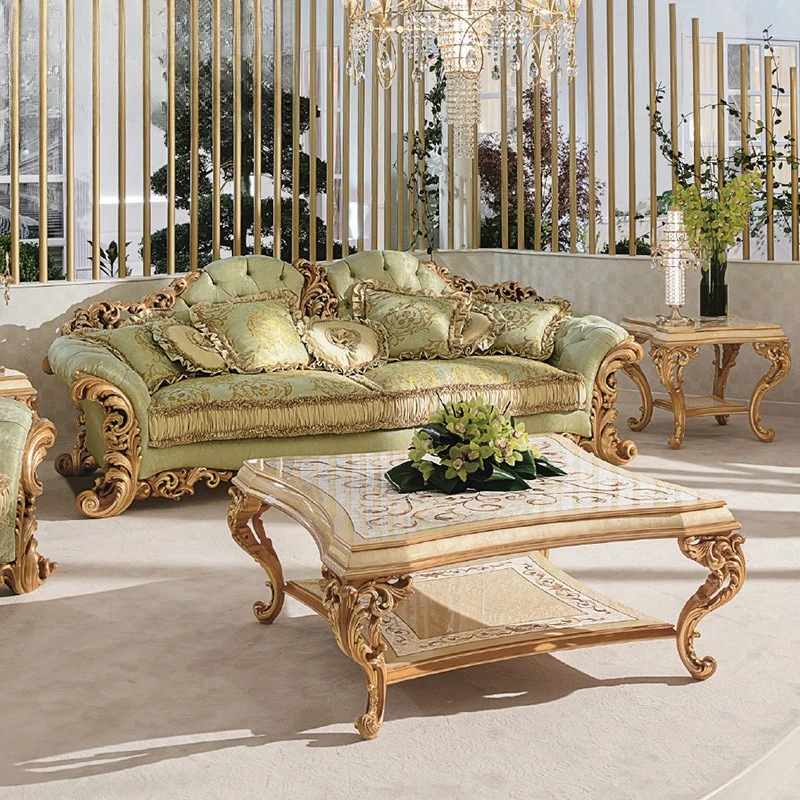 European style living room mahogany carved sofa French shell parquet fabric sofa coffee table villa furniture