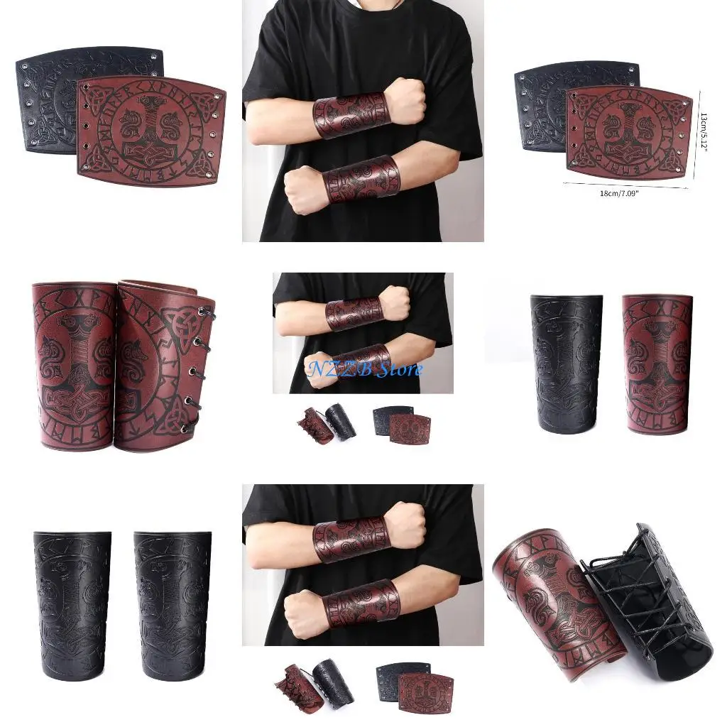 

T21F Adjustable Wide Cuffs Men Cosplay Vintage Knight Wristbands Adjustable Metal Hole Gauntlets Gothic Wrist Armors