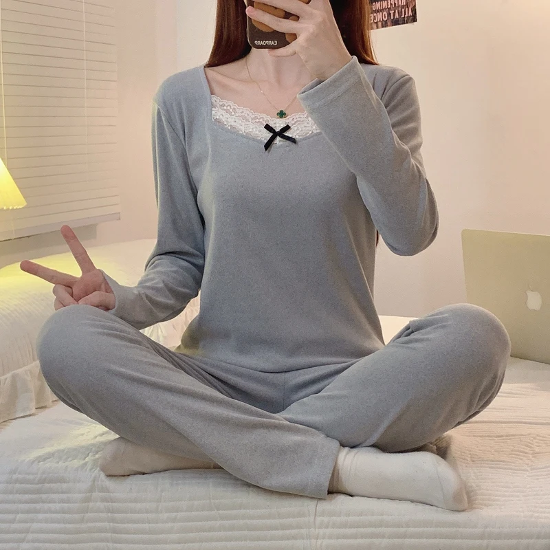 Autumn Long Sleeve Thermal Bottomed Underwear Sets for Women Korean Cute Lace Long Johns Body Shaper Sleepwear Pajama Bodysuit