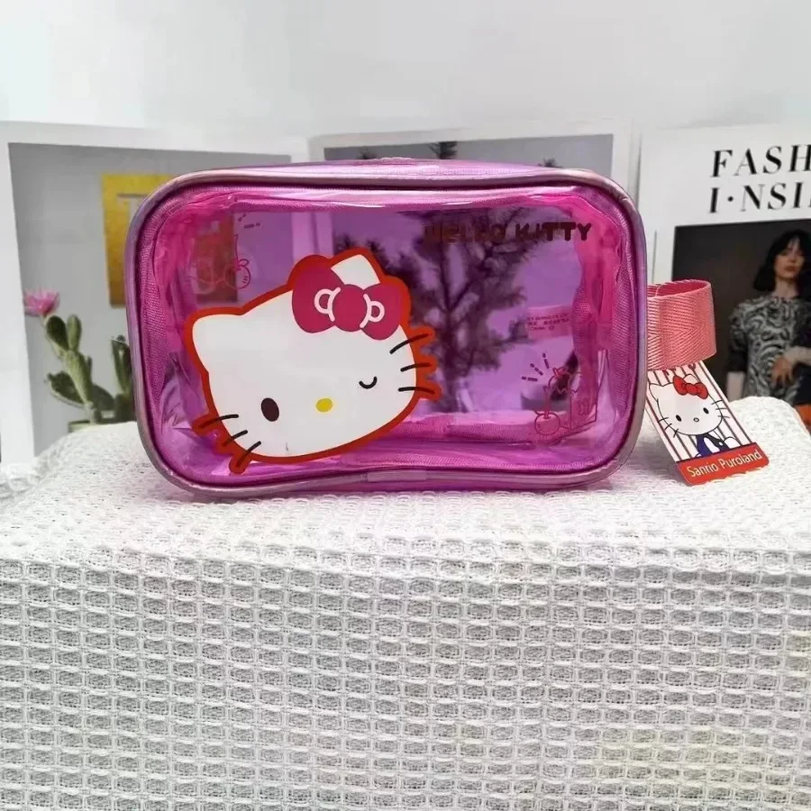 

Прозрачная сумка для макияжа Hello Kitty Sanrio для девочек, мультяшный прозрачный Желейный цвет, удобные водонепроницаемые ручные сумки для хранения, кавайное аниме