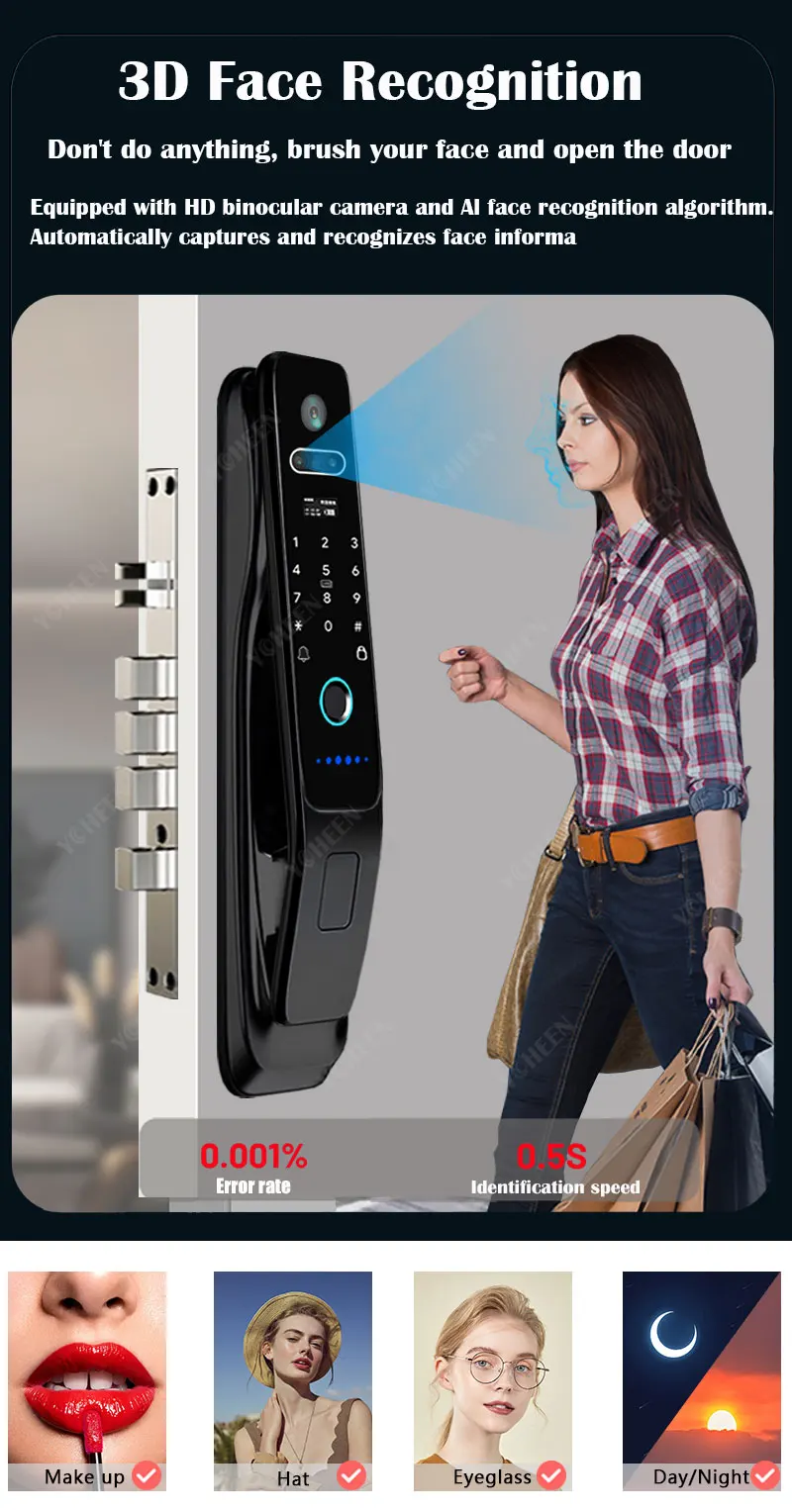 Visual Intercom 3D Face Recognition Digital Smart Door Lock with Tuya Wifi Home Waterproof Fingerprint Code Multilingual Voice