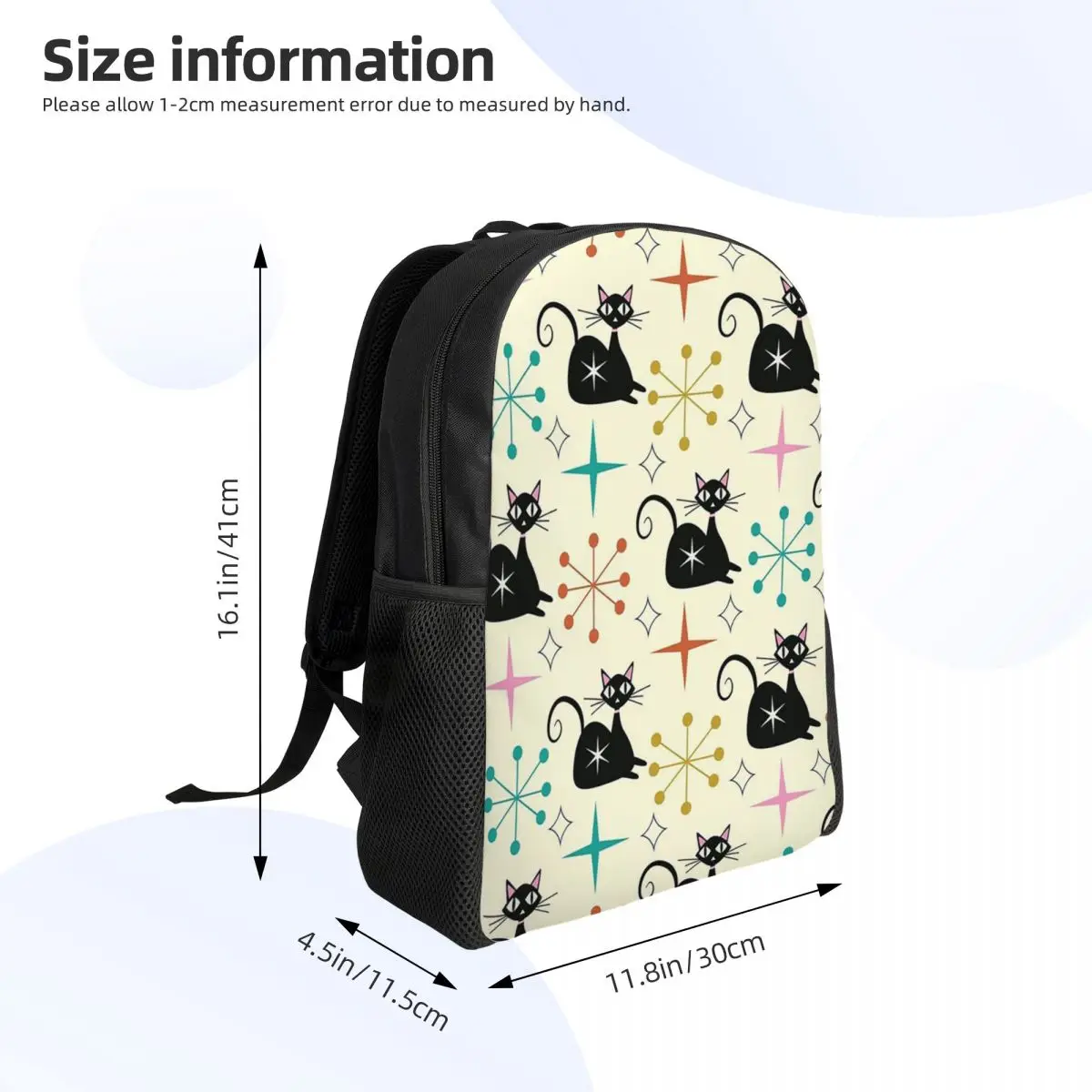 Mid Century Black Atomic Cat With Starbursts Student Backpack School Bag Hiking Travel Daypack Fashion Bookbag Shoulder Bags