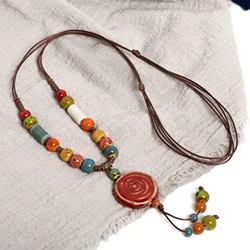 Handmade Red Pattern Ceramic Necklace Adjustable Vintage Pendant Boho Long Necklace  Accessories 1107