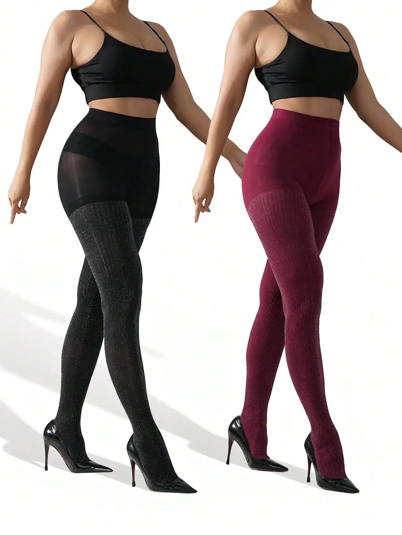 2Pc Glitter Vertical Rib Shaping Tights High Waist Opaque Compression Pantyhose Black Wine Red Summer Autumn Winter