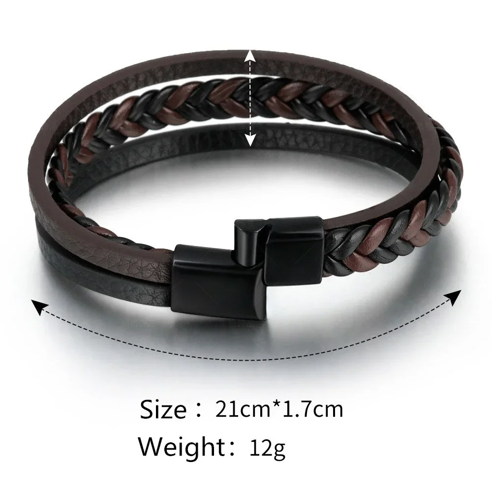 Charmsmic Vintage Tone Mens Brown Leather Bracelet & Bangles Alloy Magnetic Clasp Simple Design Multilayer Hand Jewelry