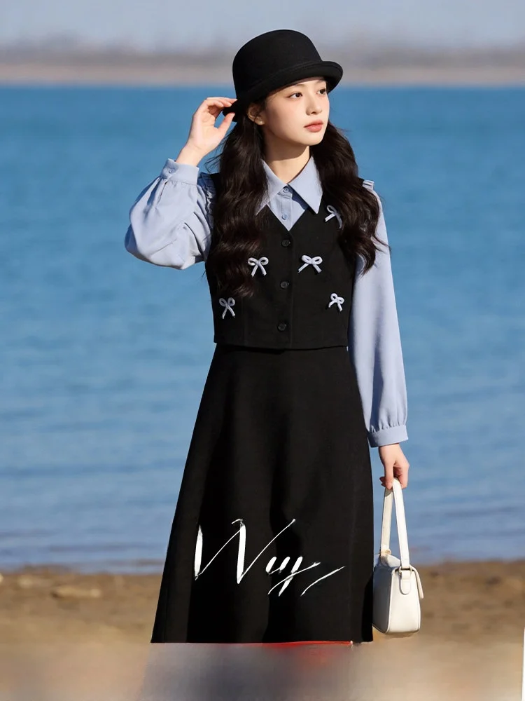 

Spring Season A-Line Dress Knot College Style plus Size Women's Dress Slimming Skirt Polyester Fiber Long Sleeve