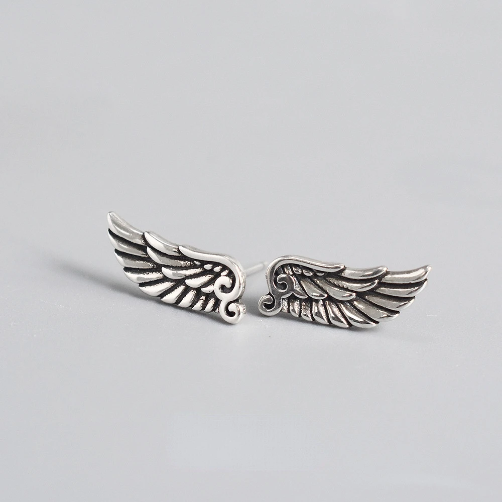 Vintage Silver Color Angel Wings Stud Earrings for Men Women's Punk Style Wings Earrings Y2K Metal Ear Jewelry Accessories