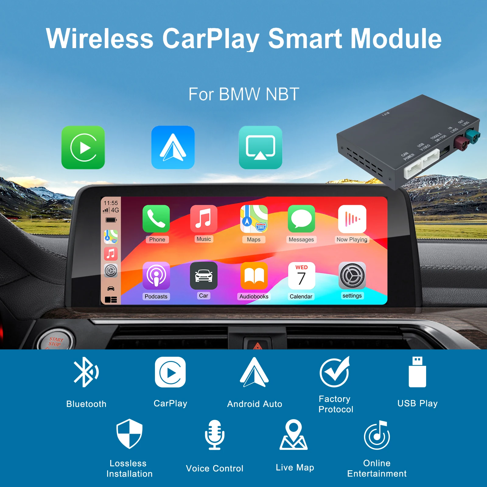 Wireless CarPlay & Android Auto Retrofit Decoder Box for BMW NBT (ID4) System OEM Screen & IDrive Controls 6.5/8.8/10.25 Inch