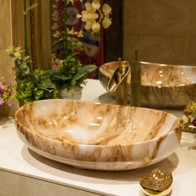 Ceramic Hydrographic Transfer Above-Counter Basin, Marble Pattern Art Washbasin for Bathroom, European Style Sink
