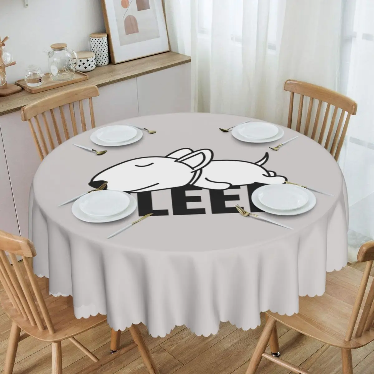 Sleeping Bull Terrier Dog Round Tablecloths 60 Inches Cartoon Animal Table Covers for Kitchen Table Cloth