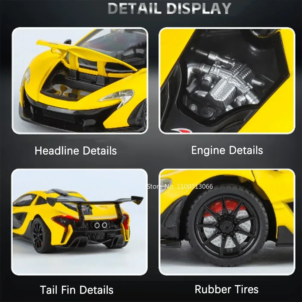 1:24 MCL P1, coches de juguete, modelos de aleación, 3 puertas abiertas, supercoche en miniatura, rueda de sonido ligera, coche deportivo extraíble, regalos de Festival para niños