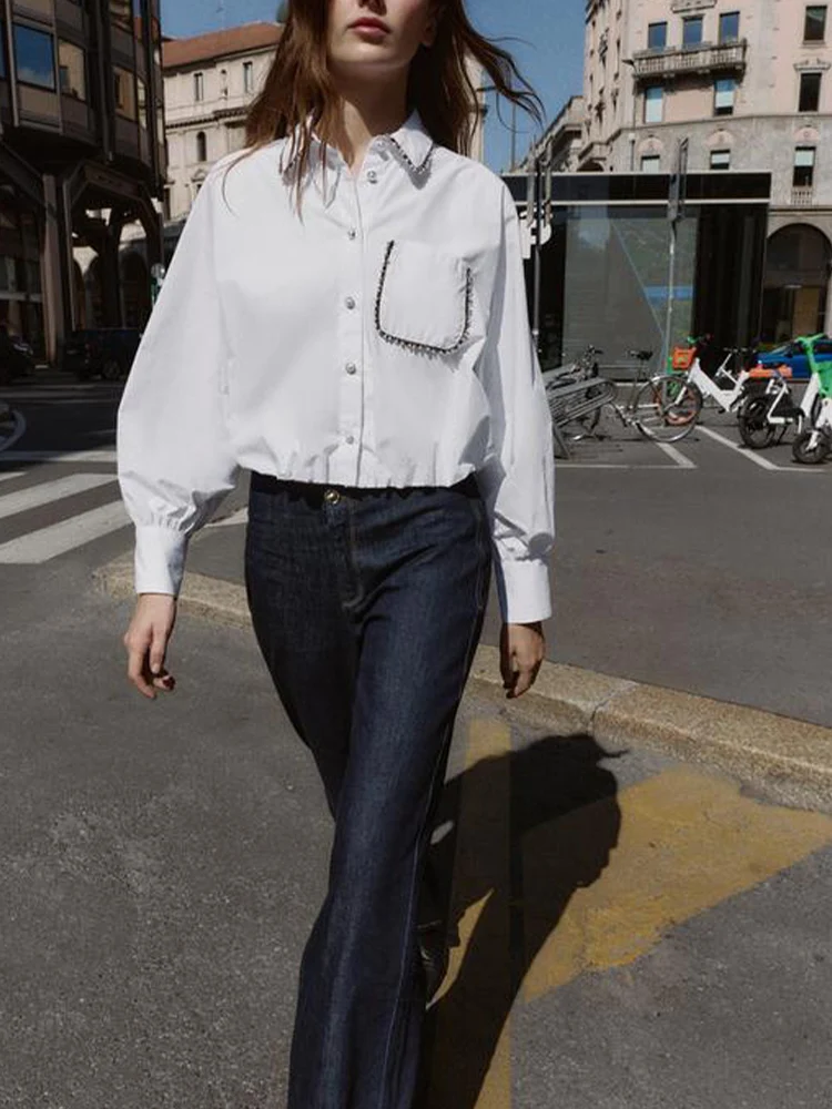 

Европейский и американский стиль, осень 2021, новинка, женская дизайнерская универсальная короткая рубашка с длинными рукавами и бисером