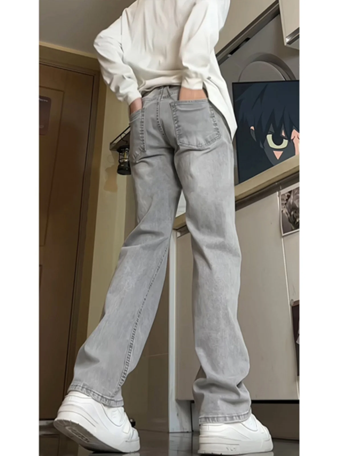 

Мужские джинсы в стиле ретро, американские, осенние, с высокой талией, прямые, зауженные, расклешенные, молодежные, трендовые, из хлопка и полиэстера