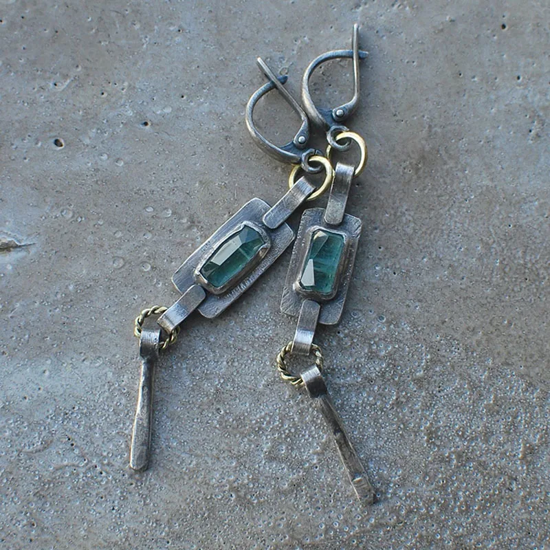 Extra Long Tribal Green Zircon Dangle Earrings for Women Vintage Jewelry Antique Metal Geomrtric Handmade Statement Earrings