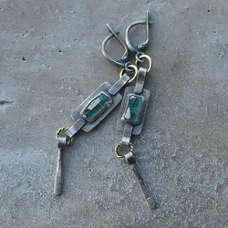 Extra Long Tribal Green Zircon Dangle Earrings for Women Vintage Jewelry Antique Metal Geomrtric Handmade Statement Earrings