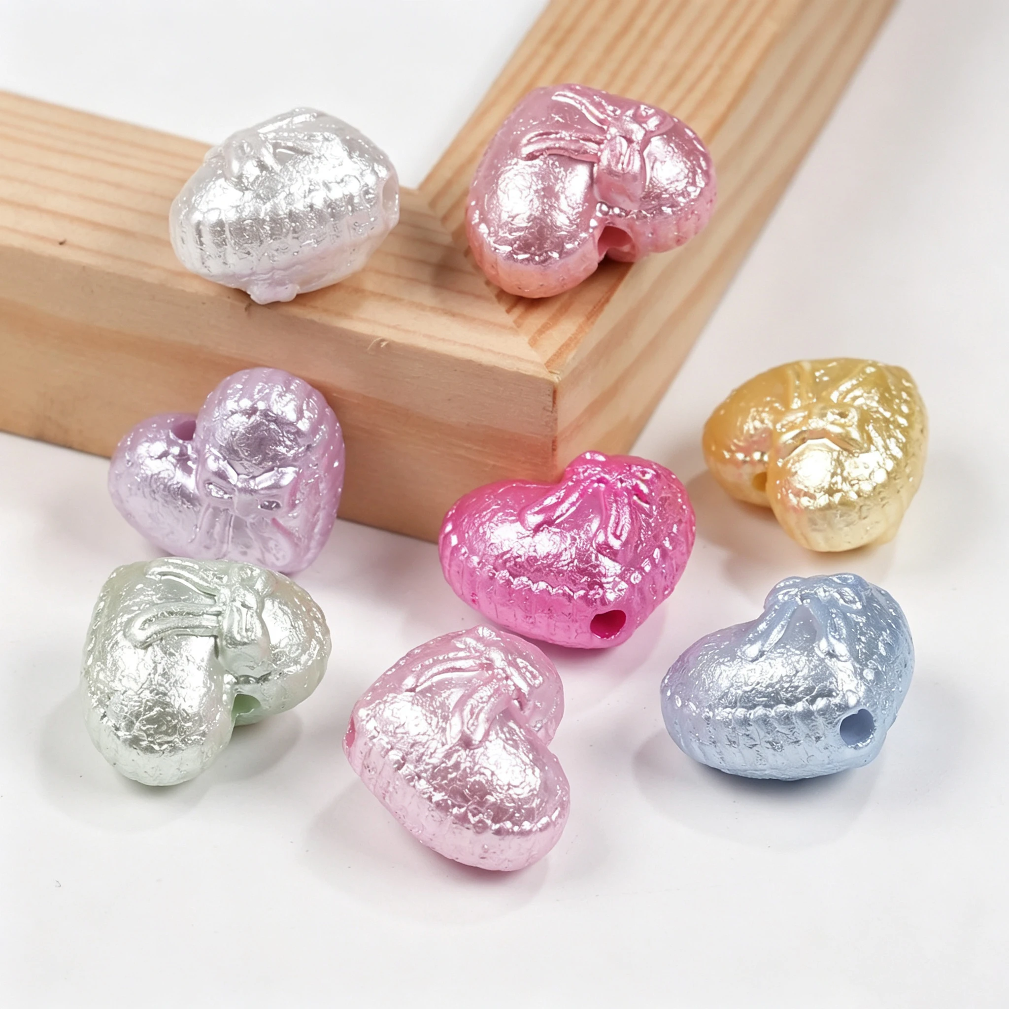 10pcs/lot Acrylic Textured Imitation Pearl Bowknot Love Heart Beads For DIY Bracelets Necklaces Jewelry Making