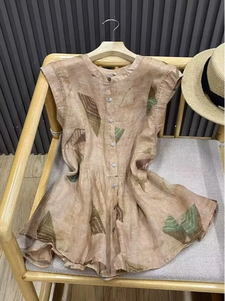 

Summer Vintage Print Flax Sleeveless Top Women's 2026 Summer Waist-Cinching Versatile Shirt Breathable Thin round Neck Pullover