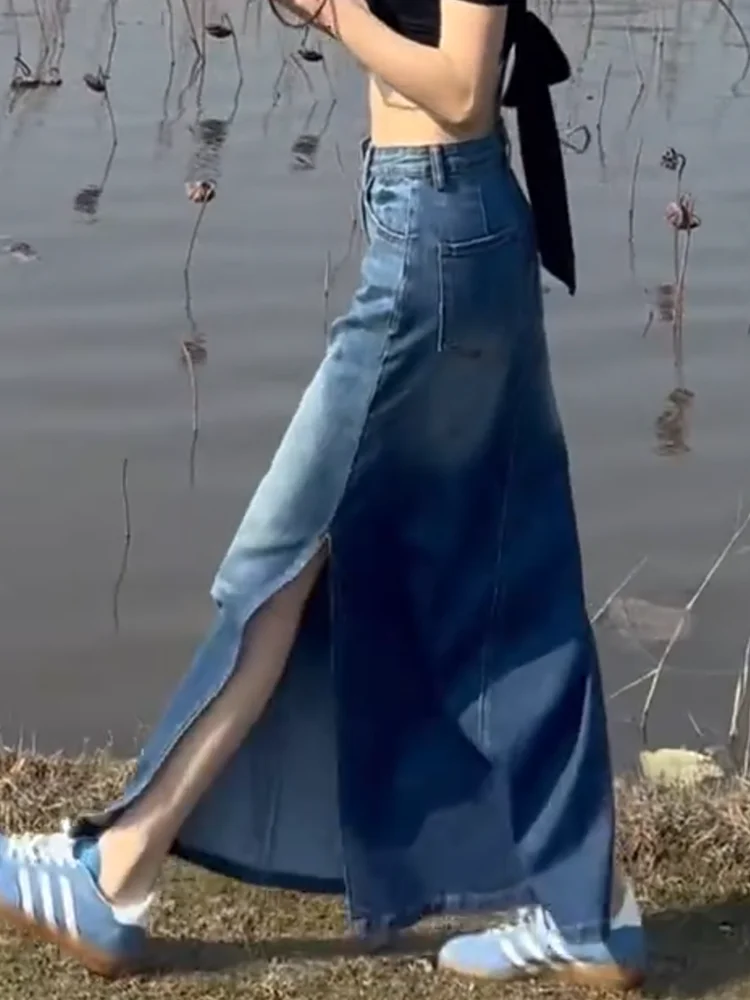 

Синяя джинсовая юбка с модным дизайном, женская летняя новинка, повседневная длинная юбка с высокой талией и разрезом, в корейском стиле, для офиса