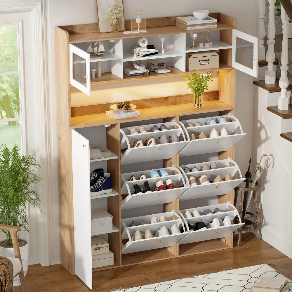 Mobiletto moderno e compatto per scarpe, con ante a ribalta e pannello in vetro, 6 scomparti a ribalta e 1 anta, ideale per organizzare le scarpe in corridoio o ingresso, salvaspazio. Dimensioni: 130