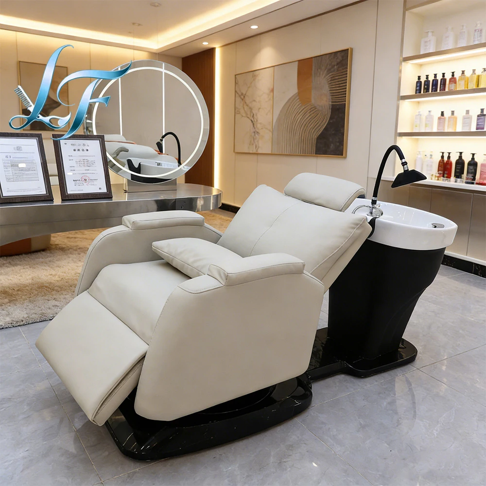 

Adjustable Salon Hair Wash Shampoo Bowl Bed Chair Hairdresser Reclining Grey Shampoo Chair With Footrest Comfortable Durable