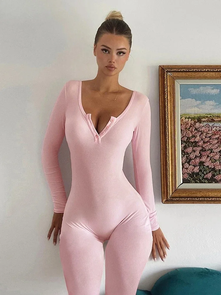 Casual Skinny Women Jumpsuits Fall Concise New Full Sleeve Single Breasted Stretch Overalls Mujer Track Sporty One Piece