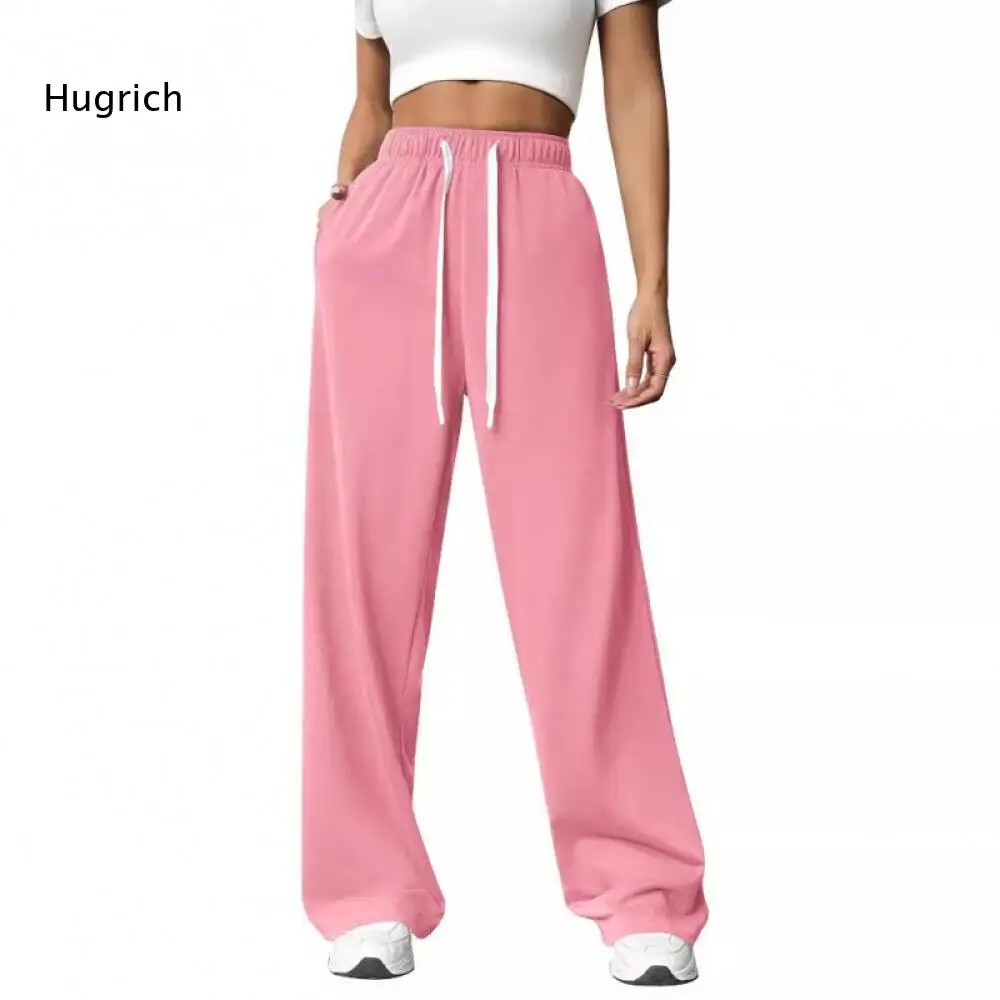 Relaxed Fit Pink Wide Leg Sweatpants Elastic Waistband Drawstring Side Pockets Comfortable Daily Outdoor Women Pants