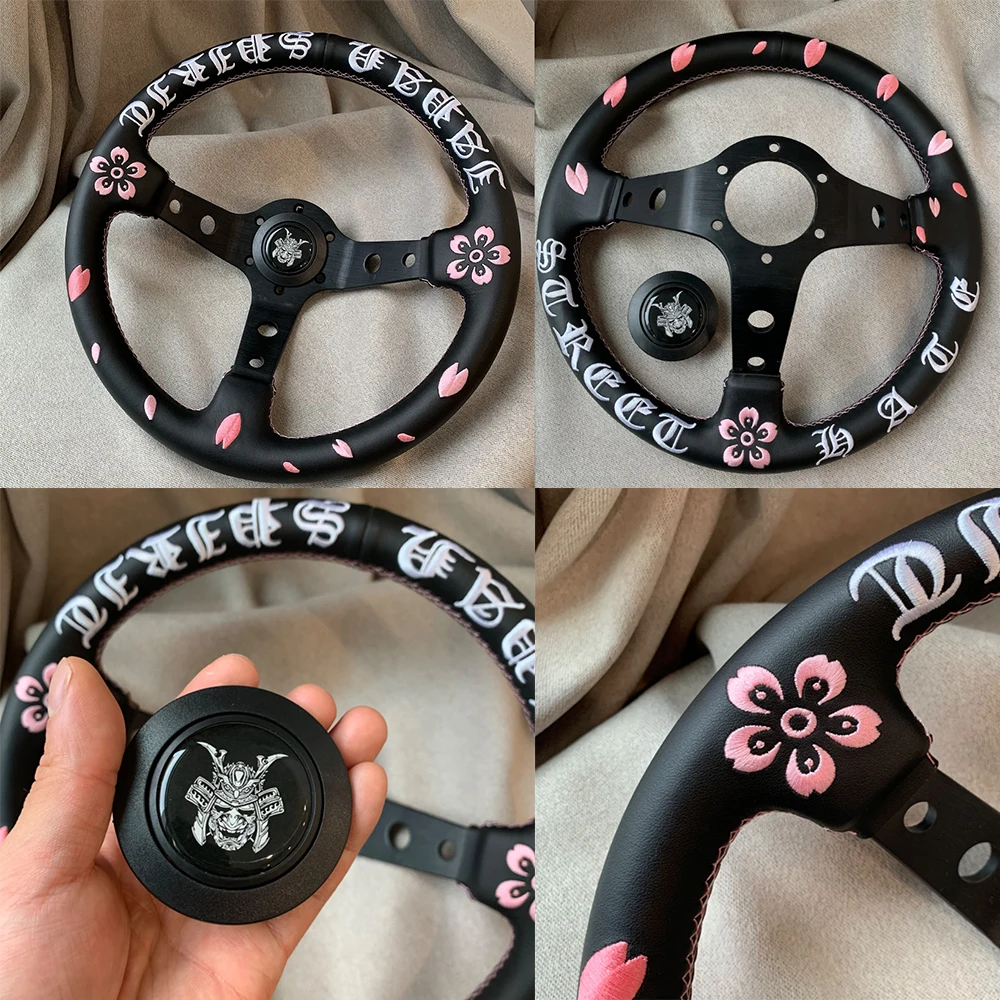 TIYPEOR 330mm Exclusive Cherry Blossom Ghost Head Suzuki Samurai Steering Wheel Japanese Culture Deep Dish Custom Logo Leather