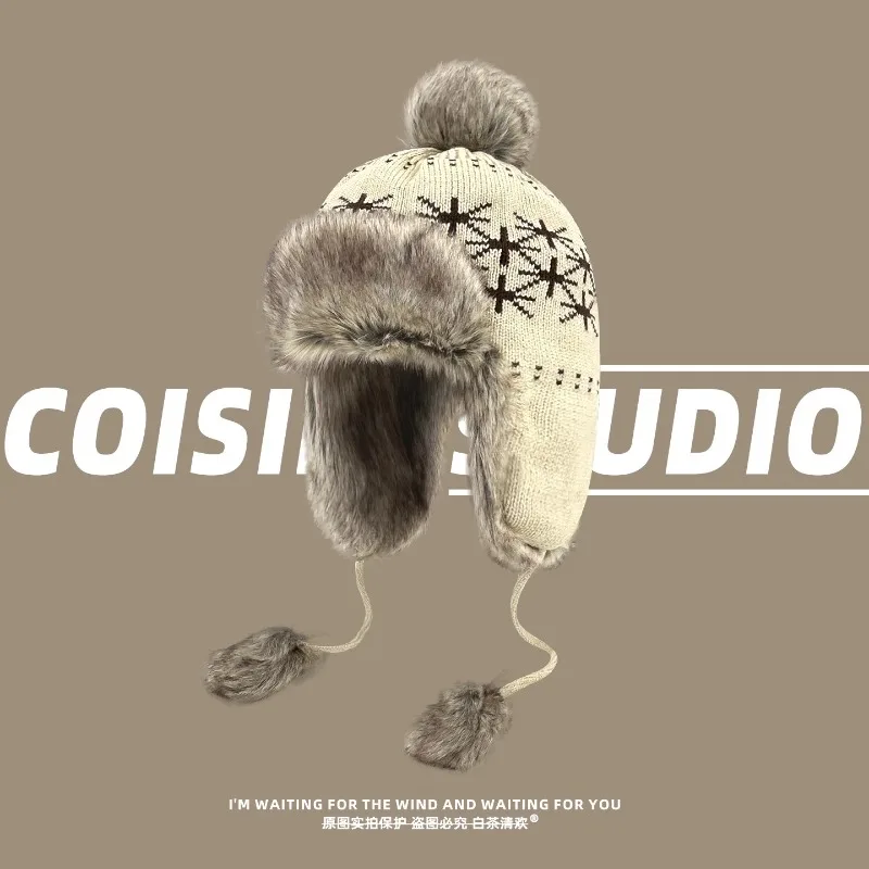 Vintage Fair Island Style Jacquard Knitted Bomber Hats for Women Winter Thickened Warm Versatile Cute Strap Pullover Hats