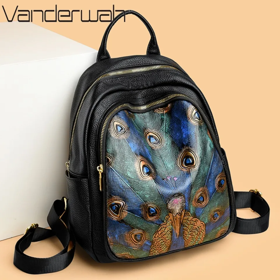 Peacock Feather Print Soft Pu Leather Backpack Women Retro Style School Shoulder Bag Large Capacity Casual Travel Backpacks New