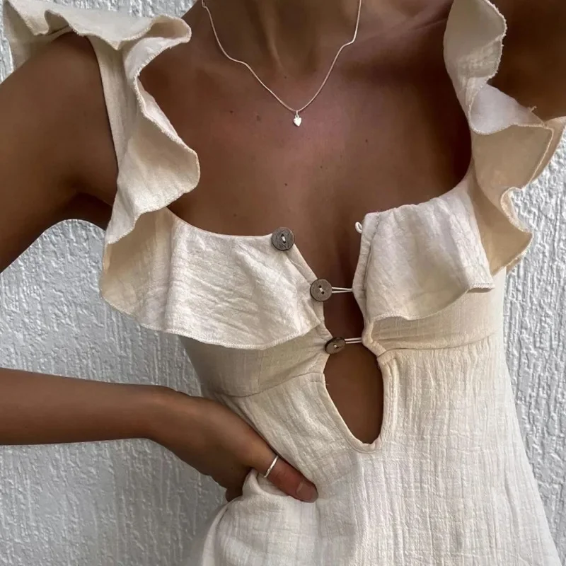 Elegant Cotton Linen Hollow Out Mini Dress Women Square Neck Backless Buttons Ruffles Sexy Short Dresses Summer Holiday Vestido