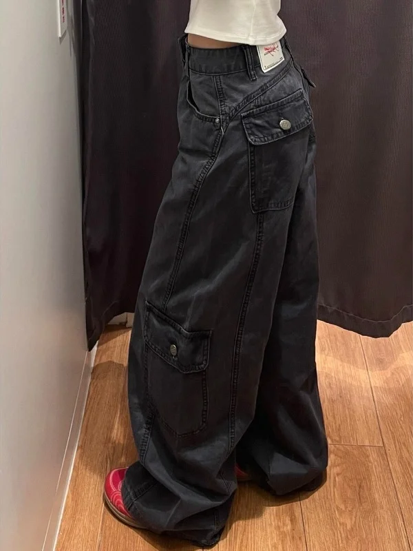 

American Design Vintage Multi-Pocket Workwear Denim Jeans Women's Washed Loose Casual Straight Leg Long Trousers