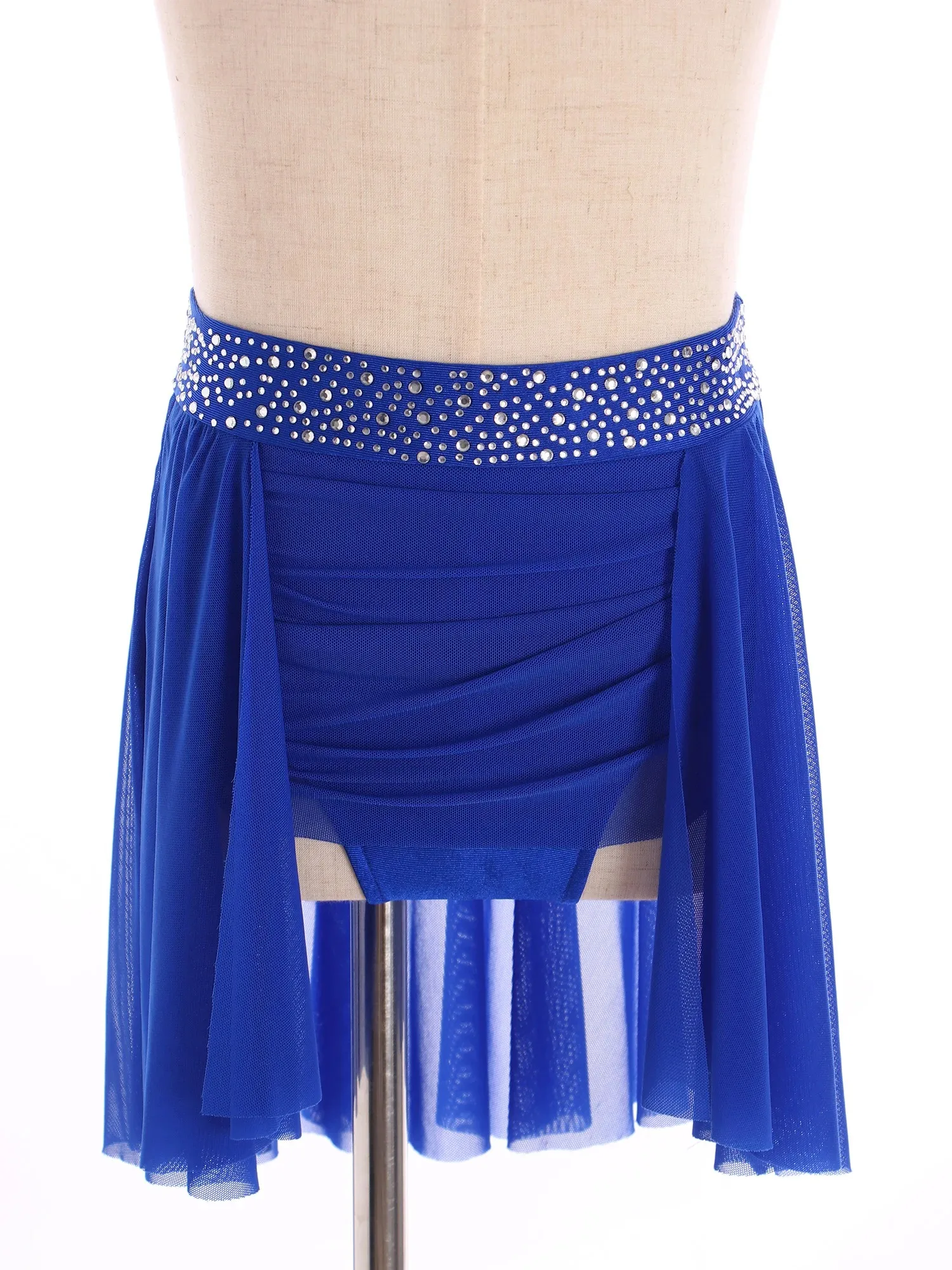 

Kids Girls Figure Skating Dance Performance Outfit Long Sleeves Strappy Shiny Rhinestones Color Block Crop Top with Ruched Skirt