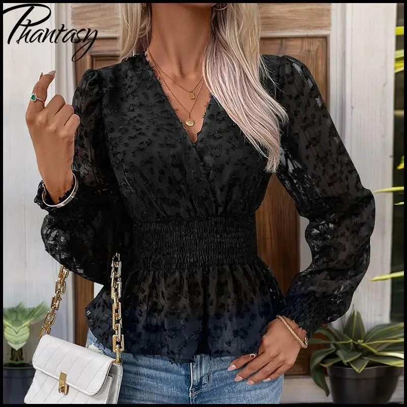 

Elegant Bubble Sleeve Long sleeve Women's Blouse Fitted V-Neck Solid Color Appliques Shirt Casual Commuter Spring Dress up Lady