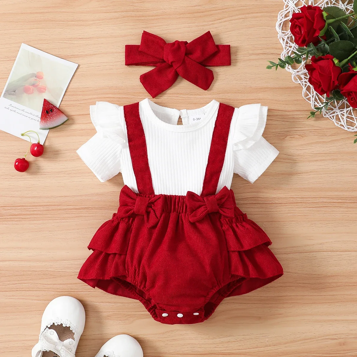 PatPat 2pcs Baby Girl Ruffle Trim Bow Decor Short-sleeve Solid Spliced Romper & Headband Set Suitable for Summer Season