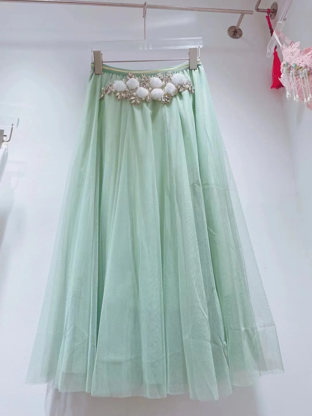 Sweet Heavy Lolita Industry Beads Three-Dimensional Flower Mesh Women 2023 Spring Summer New High Waist A- Line Long Skirt