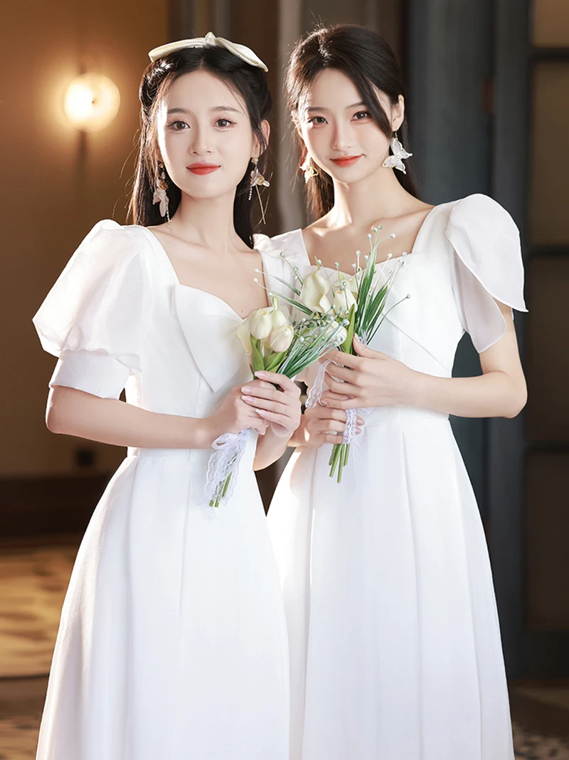 

Women's Summer White Bridesmaid Dress Puff Sleeve Dresses New Banquet Long Wedding Sisters Dress Bridesmaid Group Dress