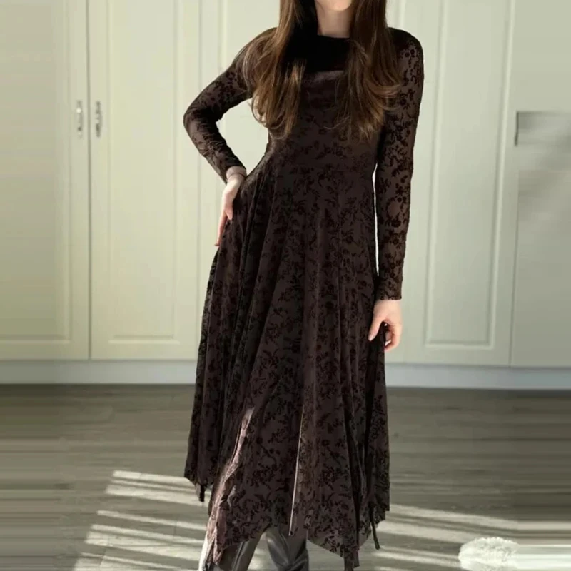 

Elegant Lady Pure Commute Maxi Dress Fashion O-neck Lace Embroidery Evening Dress Temperament Fit High Waist Irregular Hem Dress