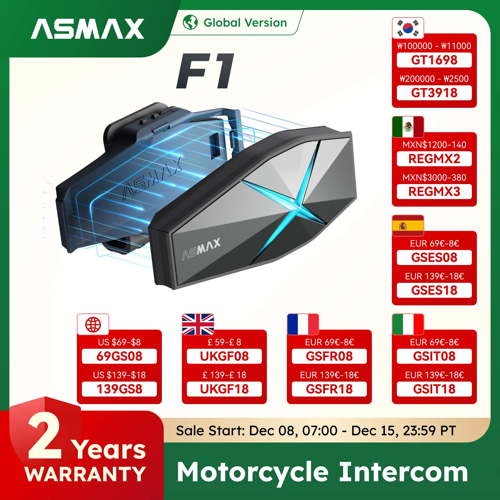 ASMAX F1 Interfono per moto, controllo vocale, supporta l'interfono per 10 persone, distanza di comunicazione di 1800 m, Bluetooth 5.3/accoppiamento universale/cancellazione del rumoreENC/impermeabilità IP67