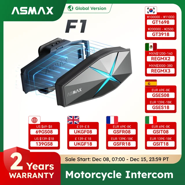 ASMAX F1 バイク インカム 日本語音声制御 インカム 最大10人  