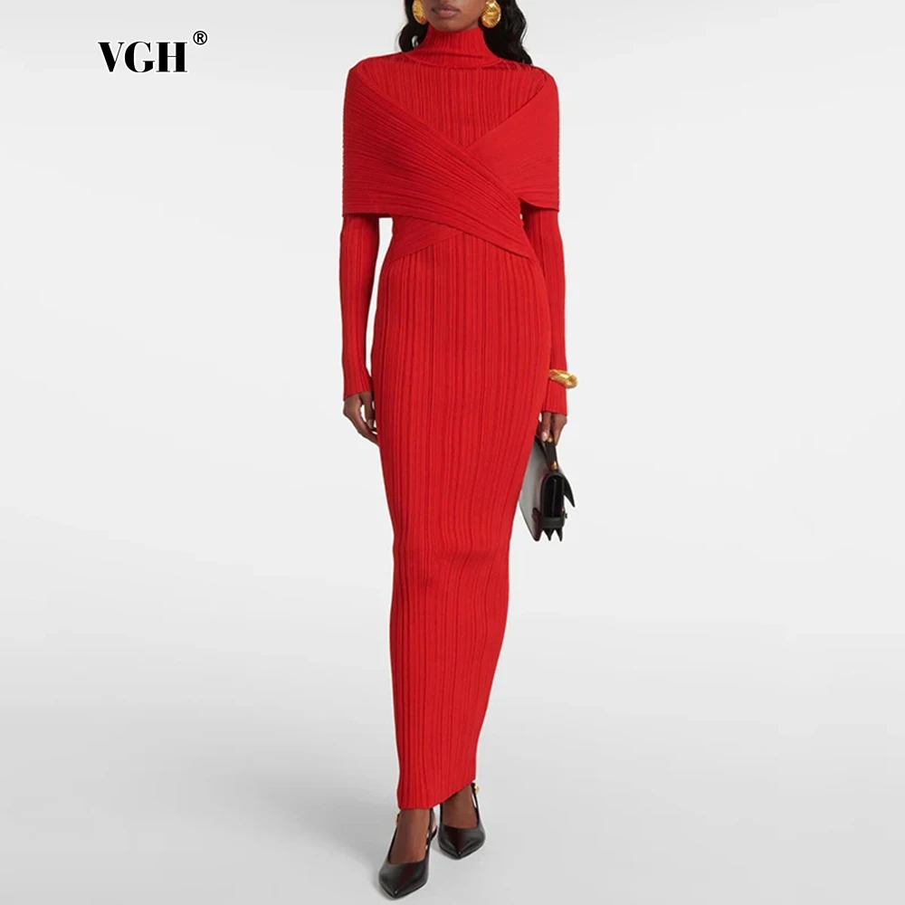 

VGH Slimming Temperament Solid Folds Dresses For Women Stand Collar Long Sleeve High Waist Elegant Dress Female Fashion Style